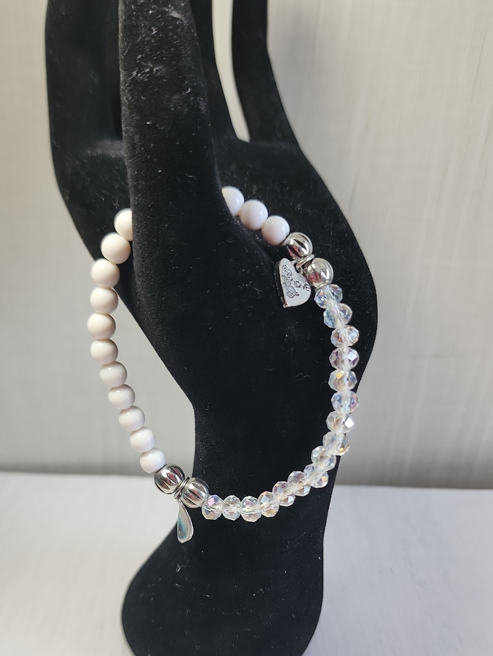 Crystal & Ivory Beaded Stretch Bracelet with Silver Accents